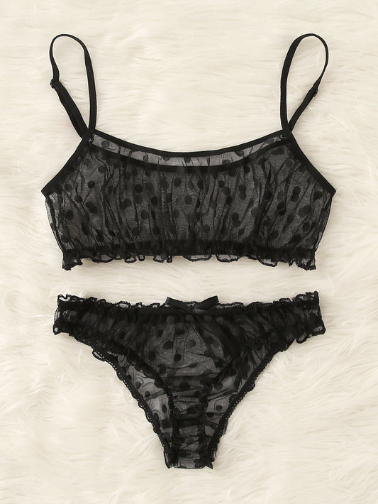 Polka Dot Mesh Frill Trim Bra & Panty Lingerie Set