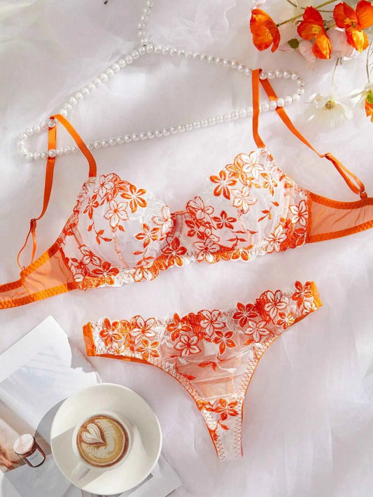 Sunset Bloom Floral Embroidery Lingerie Set