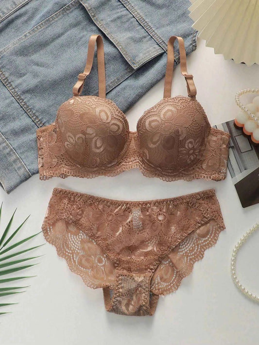 Coffee Brown Floral Lace Lingerie Set
