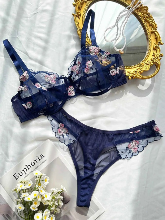 Navy Blue Sheer Mesh Floral Embroidery Lingerie Set