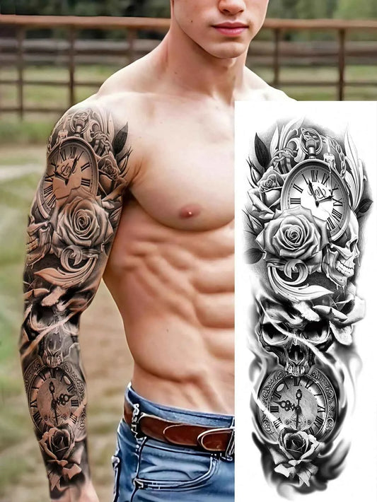 Skull Rose Clock Full Arm Tattoo Sticker