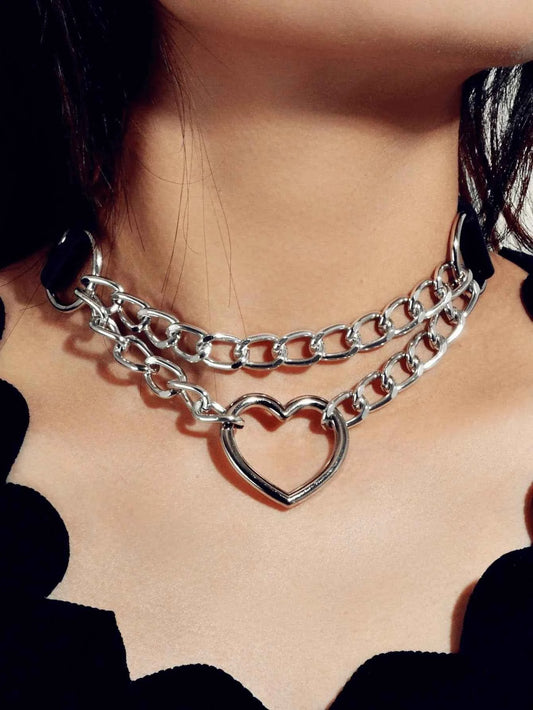 1pc Leather Neck With Chain And Heart Shape Gothic Punk Accessories - ED