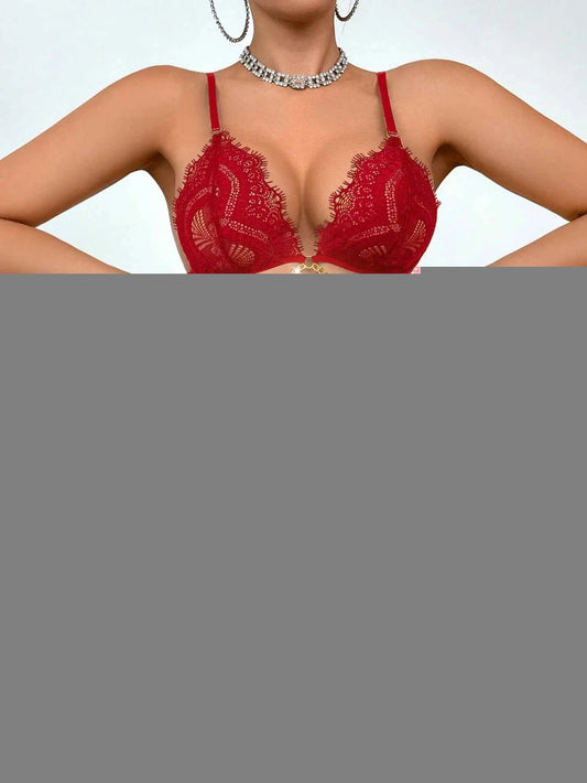 Sophisticated Red Lace Bralette And Thong Set With Chain Detail - ED