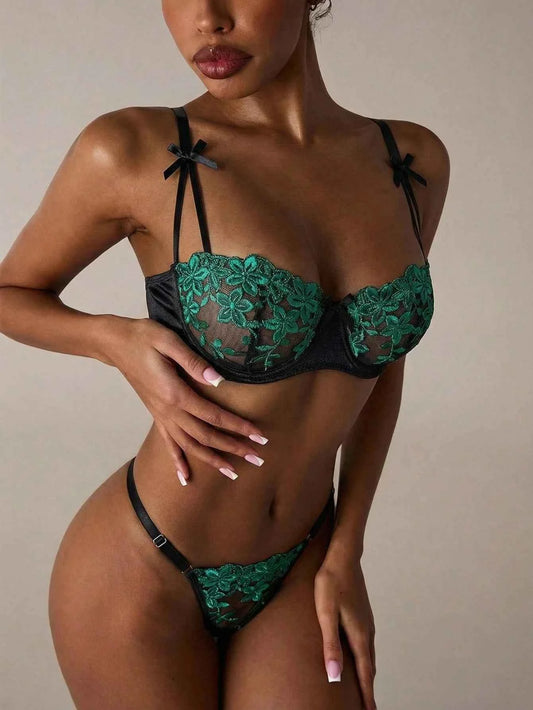 Green Floral Embroidery Hollow Out Lingerie Set