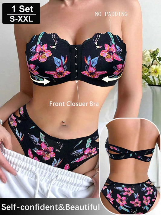 Black Tropical Floral Print Strapless Front-Closure Bra Lingerie Set