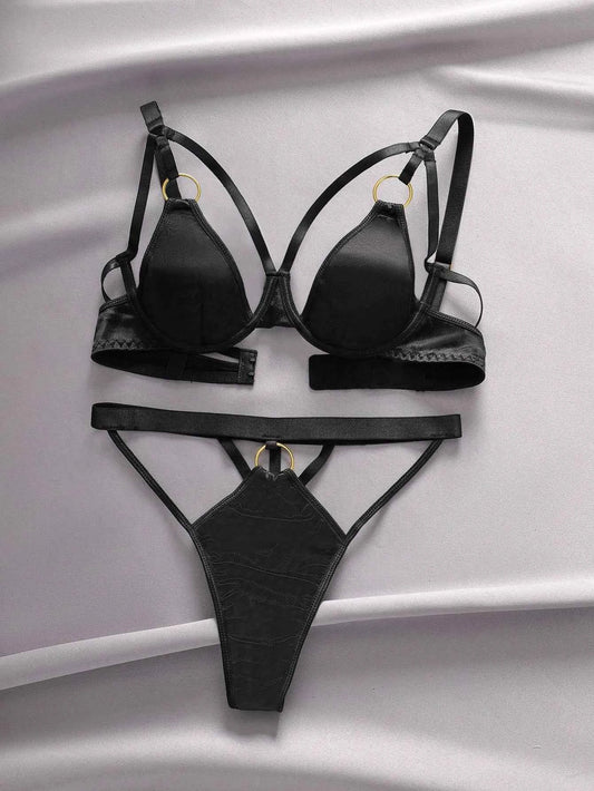 Black Satin Lingerie Set with Gold Ring Strap Harness Detail