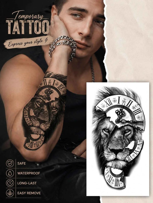 Lion Clock Arm Tattoo Sticker