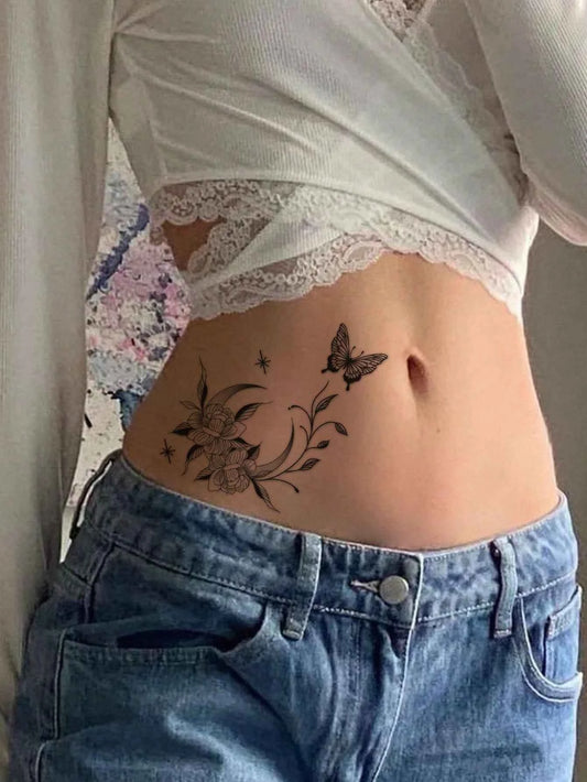 Crescent Moon Butterfly Floral Tattoo Sticker