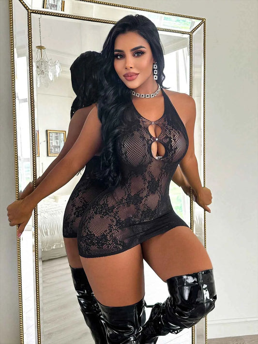 Fishnet Lace Halter Neck Tie Nightgown