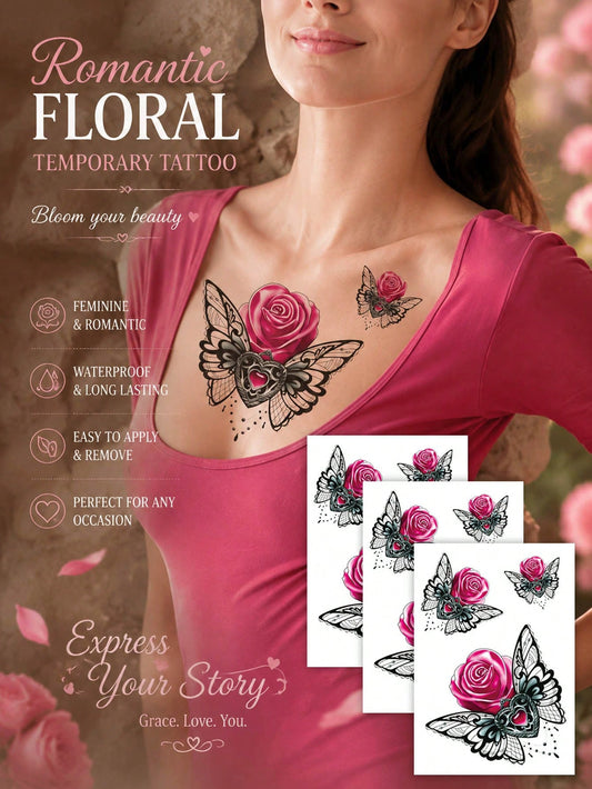 Pink Rose Butterfly Wing Tattoo Sticker II