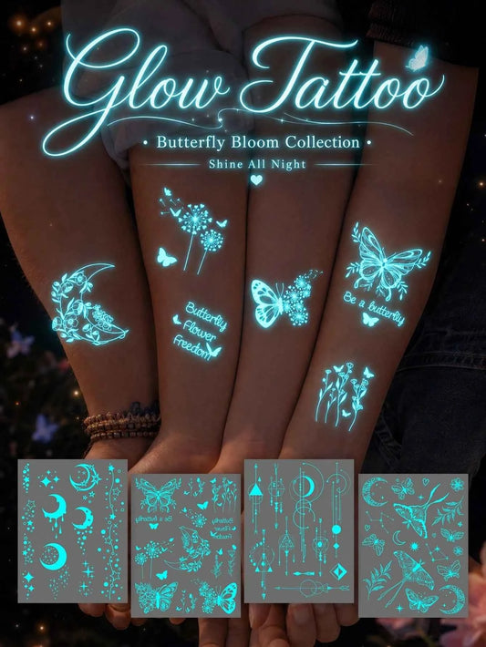 Glow-in-Dark Celestial Butterfly Moon Tattoo Set