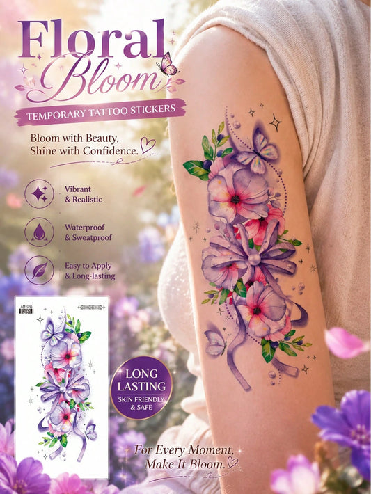 Purple Floral Butterfly Ribbon Tattoo Sticker