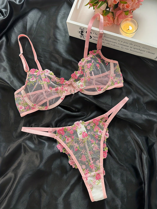 Floral Embroidery Hollow Out Unlined Lingerie Set - ED