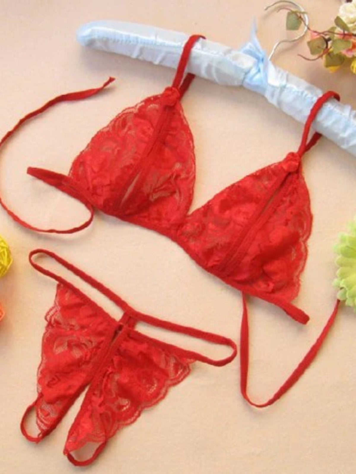 Floral Lace Bow Decor Lingerie Set Red - ED