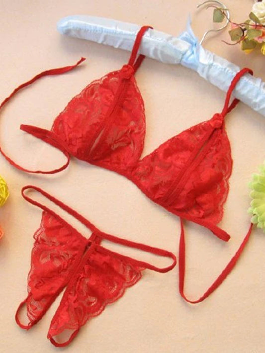 Floral Lace Bow Decor Lingerie Set Red - ED