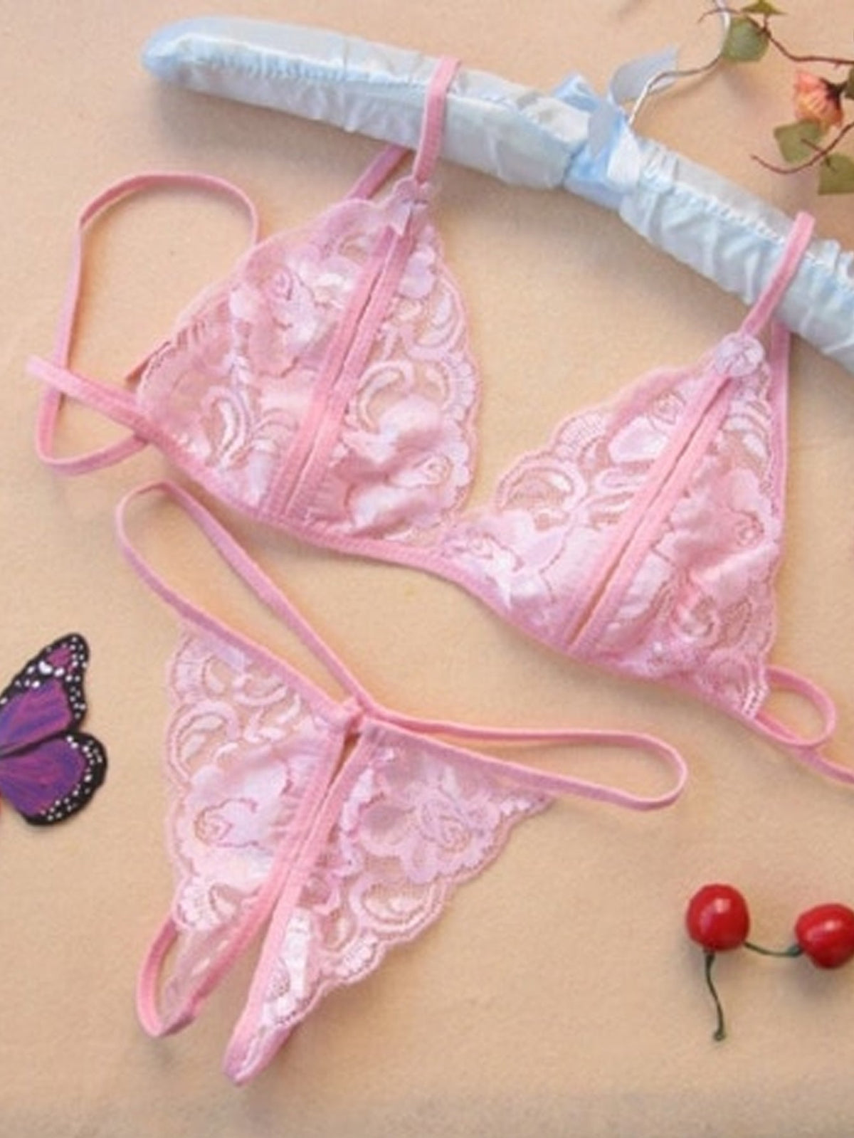 Floral Lace Bow Decor Lingerie Set Pink - ED