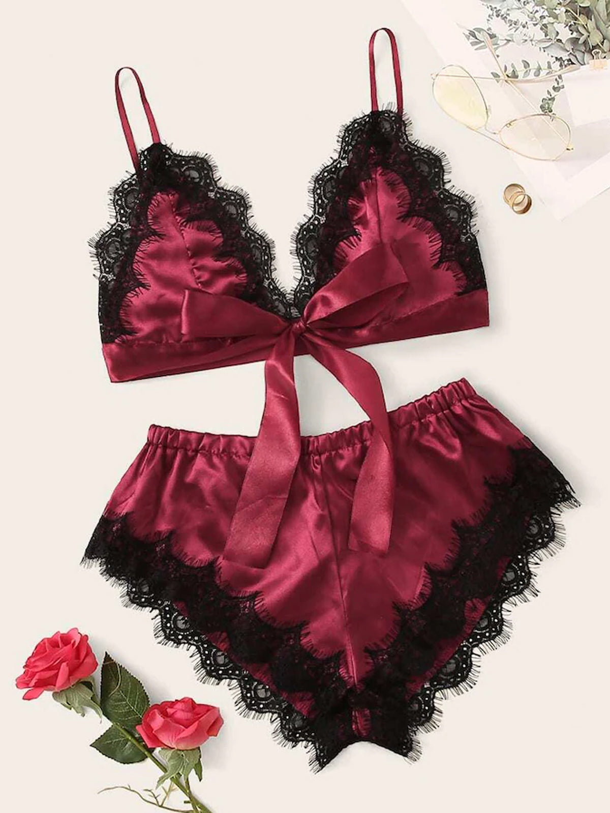 Lace Trim Satin Cami Tops Pajama Sets - ED