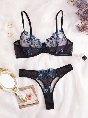 Floral Embroidery Semi Sheer Lingerie Set