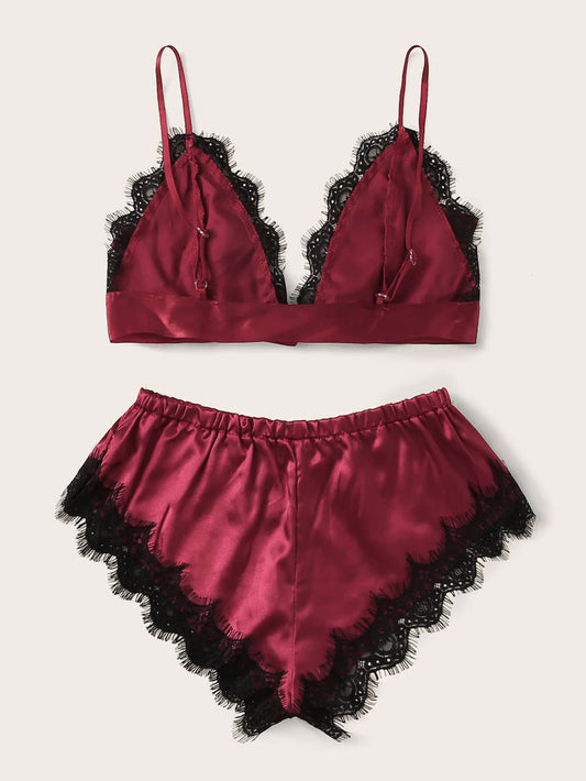 Lace Trim Satin Cami Tops Pajama Sets - ED