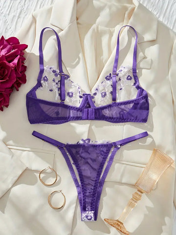 Floral Embroidery Cut Out Unlined Lingerie Set