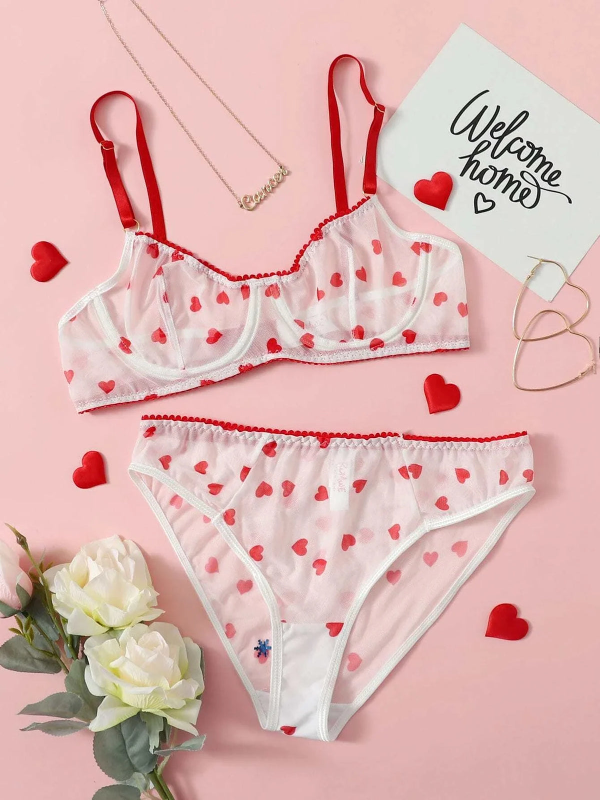 Shine For Me Mesh Heart Pattern Lingerie Set - ED