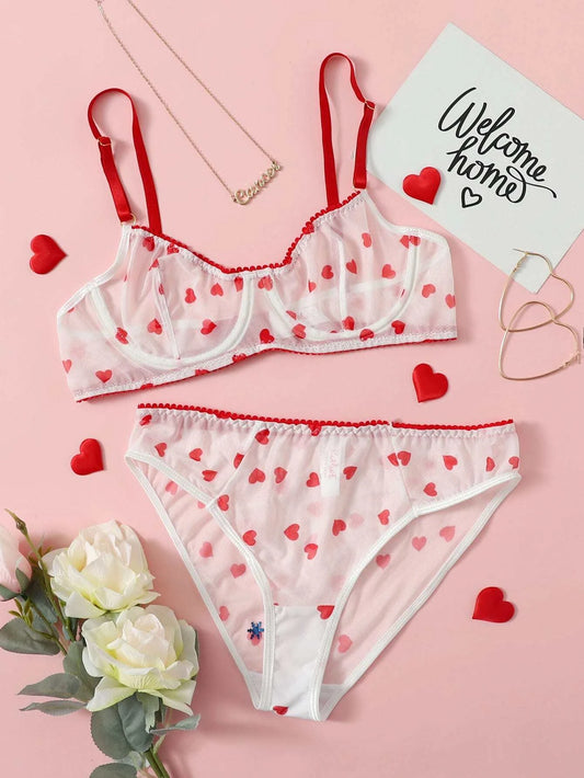 Shine For Me Mesh Heart Pattern Lingerie Set - ED