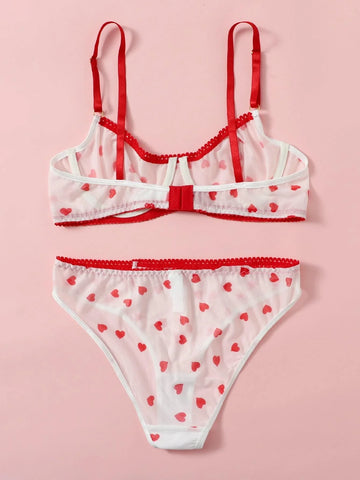 Shine For Me Mesh Heart Pattern Lingerie Set - ED
