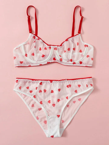 Shine For Me Mesh Heart Pattern Lingerie Set - ED
