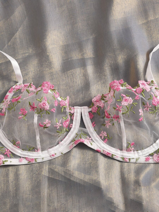 Floral Embroidery Mesh Bra & Panty Lingerie Set