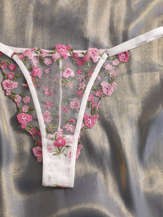 Floral Embroidery Mesh Bra & Panty Lingerie Set