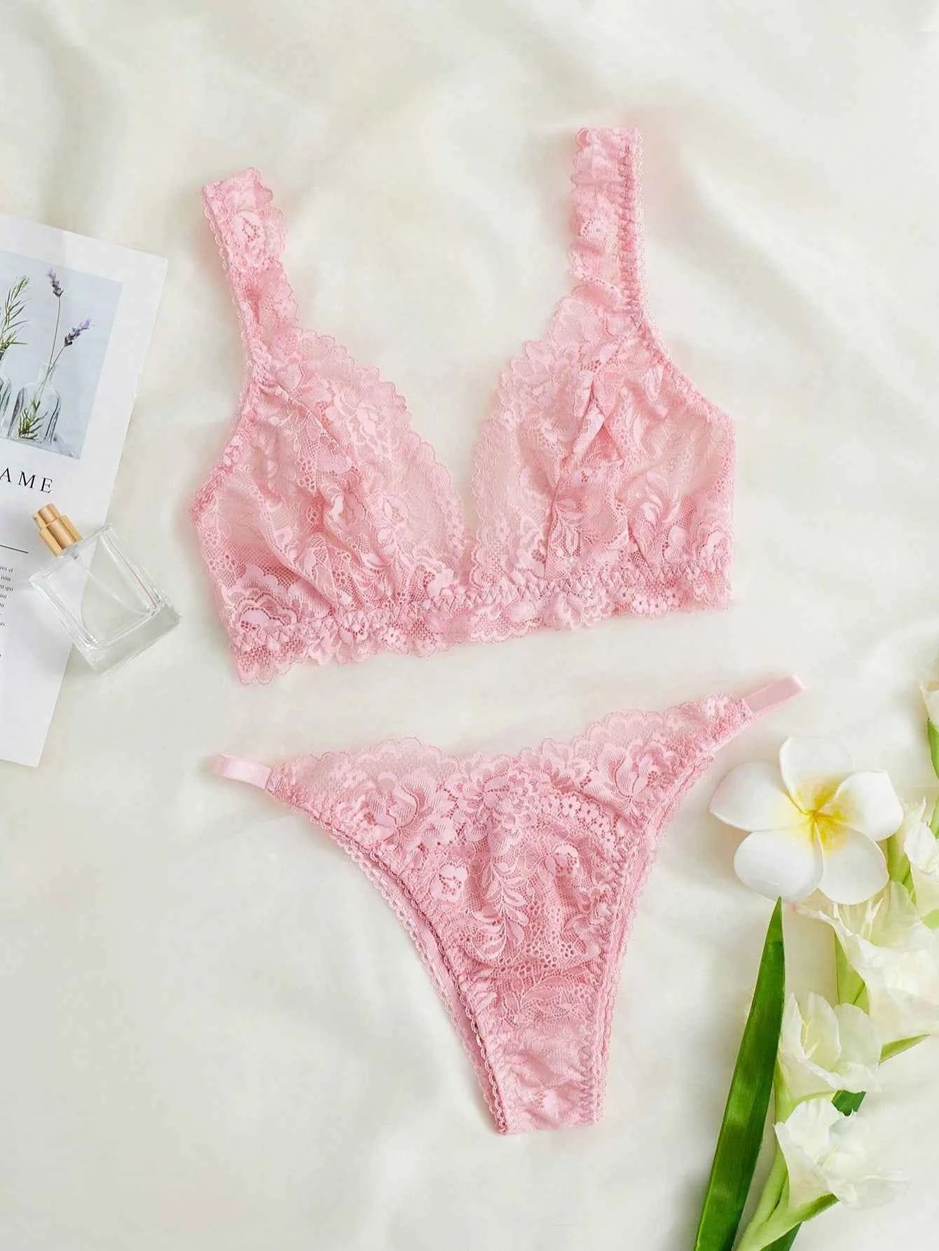 Blush Floral Lace V-Neck Lingerie Set
