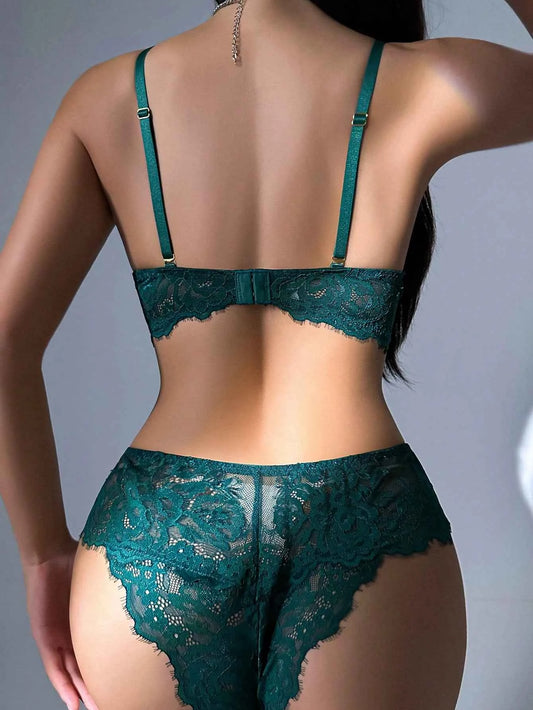 Teal Scalloped Lace Bra & High-Waist Brief Set