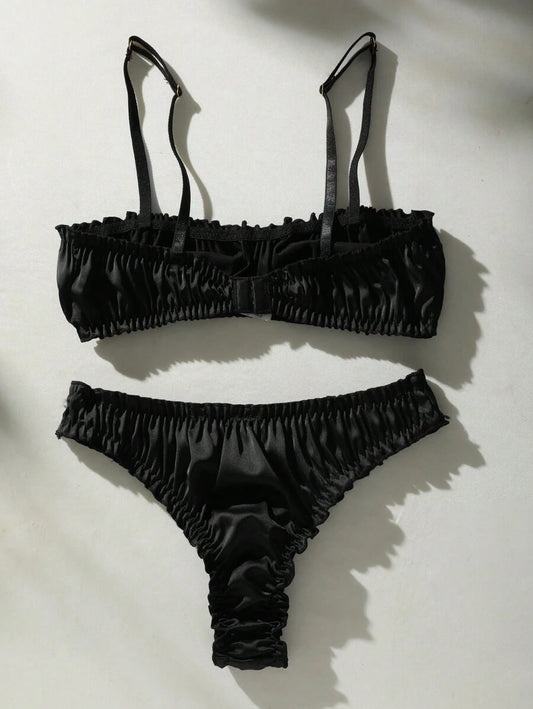 Frill Trim Satin Bra & Panty Lingerie Set