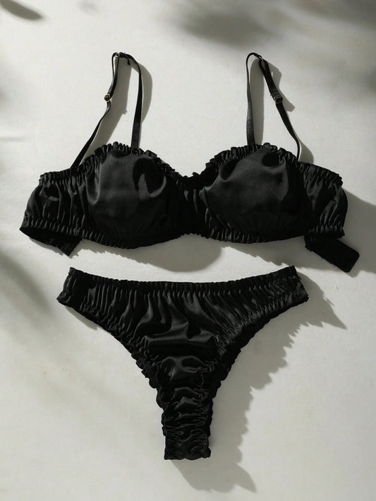 Frill Trim Satin Bra & Panty Lingerie Set