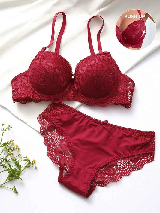 Burgundy Lace Push-Up Bra & Scalloped Brief Set