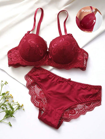Burgundy Lace Push-Up Bra & Scalloped Brief Set