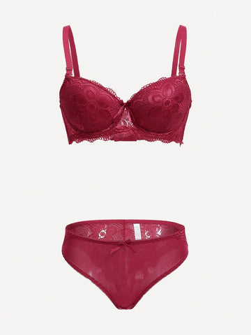 Burgundy Lace Push-Up Bra & Scalloped Brief Set