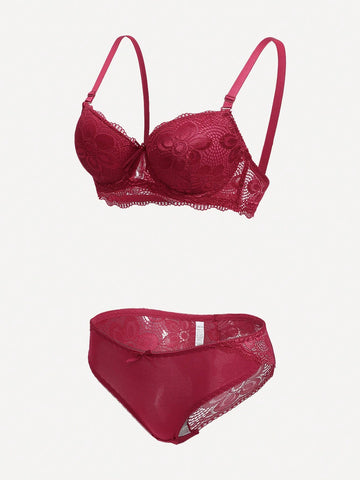 Burgundy Lace Push-Up Bra & Scalloped Brief Set