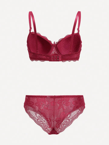 Burgundy Lace Push-Up Bra & Scalloped Brief Set