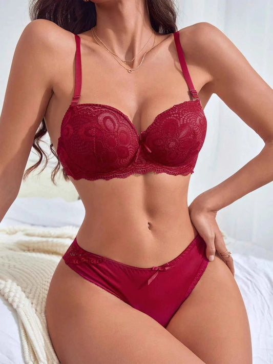 Burgundy Lace Push-Up Bra & Scalloped Brief Set