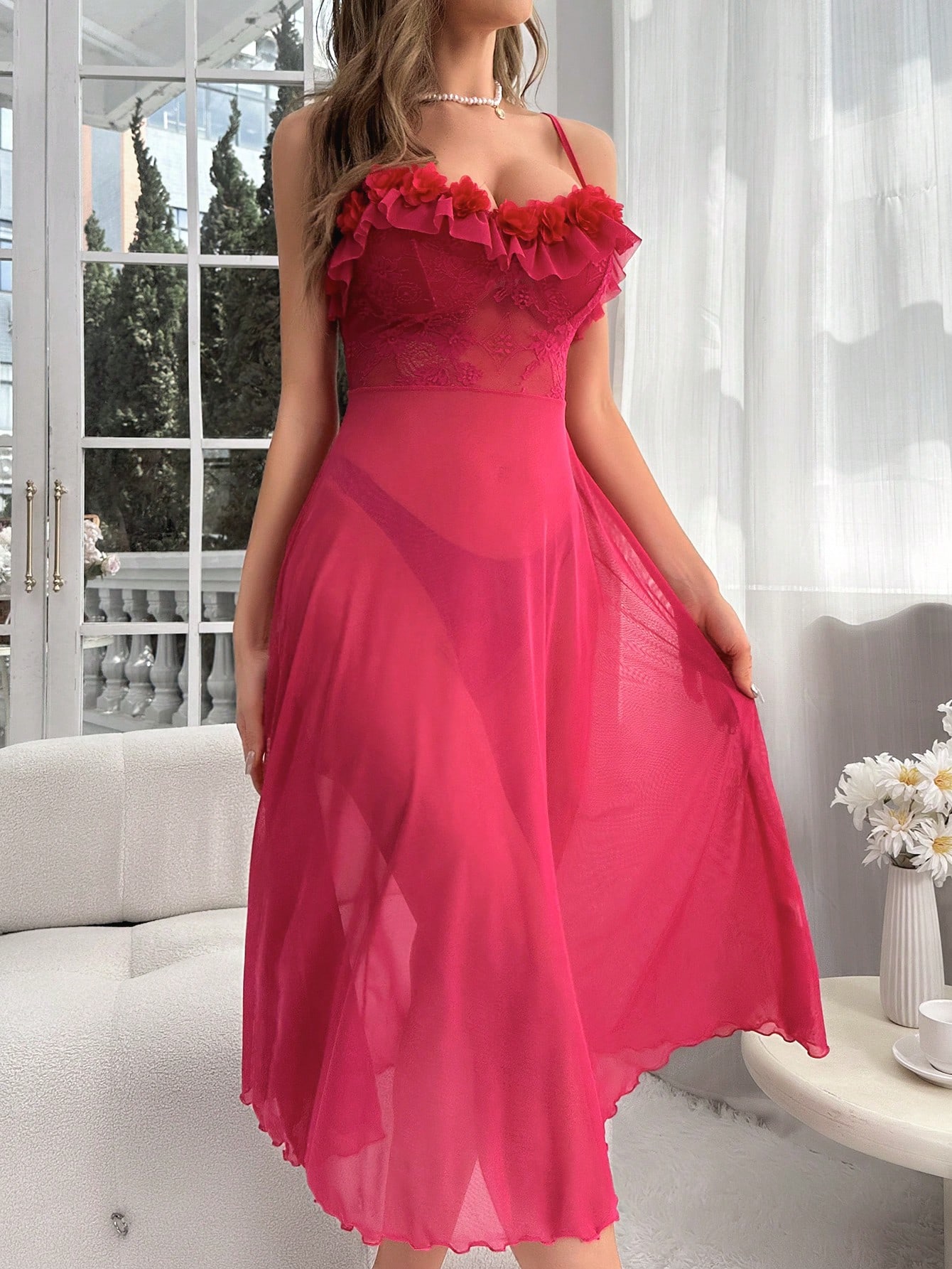 Contrast Lace Ruffle Trim Mesh Cami Nightie - TFI Lingerie Pakistan - Image 3