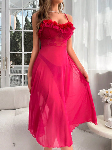 Contrast Lace Ruffle Trim Mesh Cami Nightie - TFI Lingerie Pakistan - Image 3