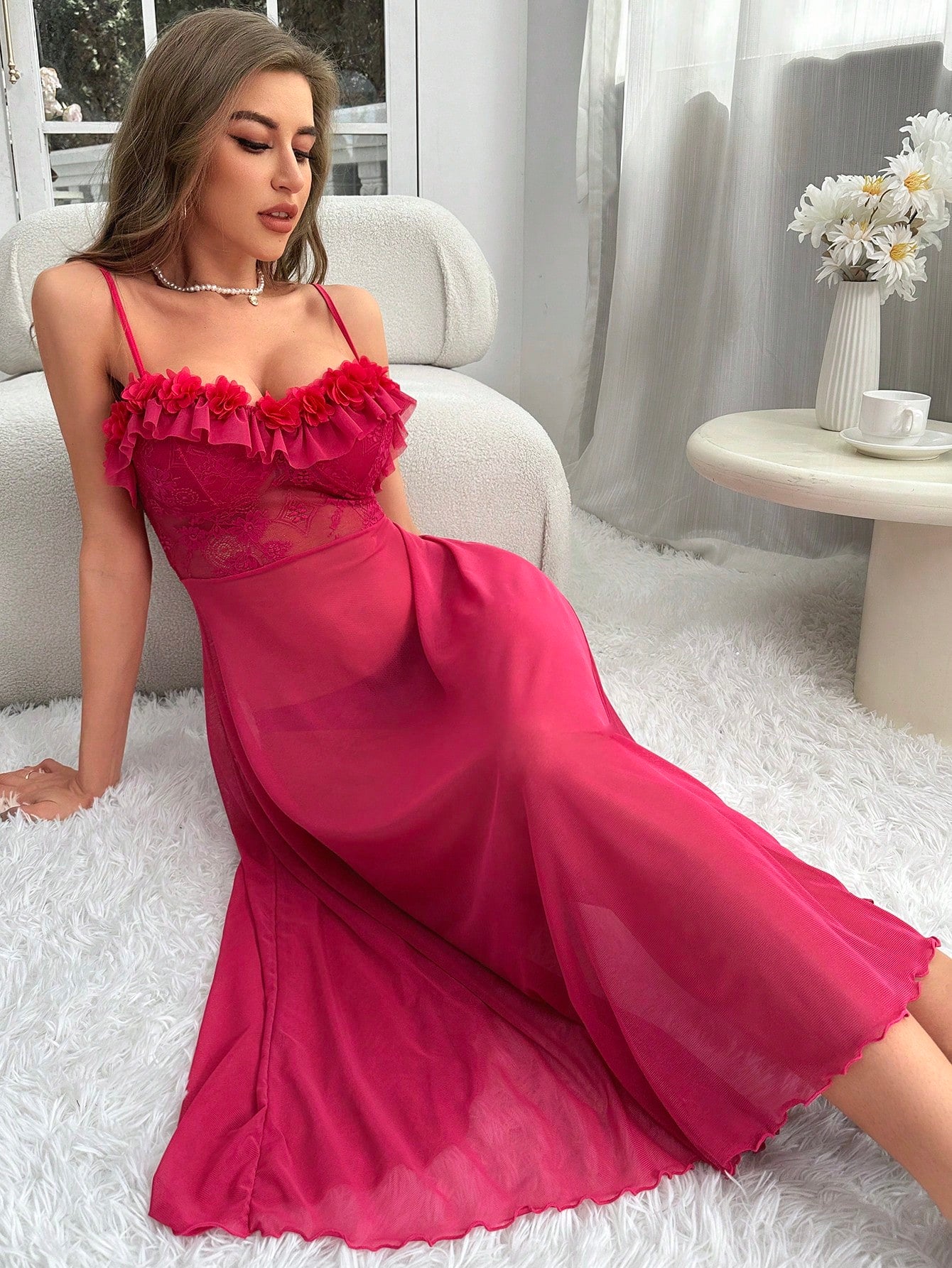 Contrast Lace Ruffle Trim Mesh Cami Nightie - TFI Lingerie Pakistan - Image 4