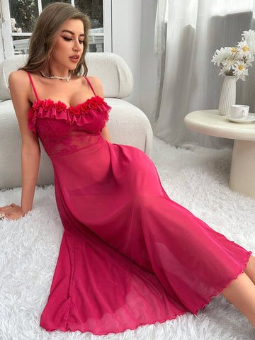 Contrast Lace Ruffle Trim Mesh Cami Nightie - TFI Lingerie Pakistan - Image 4