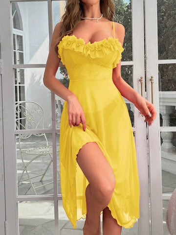 Ruffle Trim Mesh Cami Long Nightie - TFI Lingerie Pakistan - Image 3