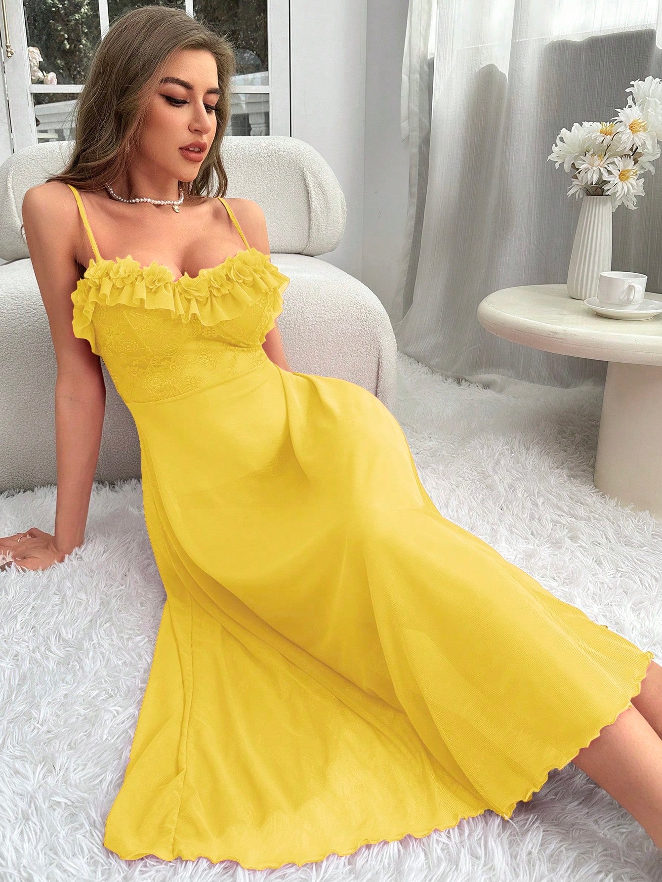 Ruffle Trim Mesh Cami Long Nightie - TFI Lingerie Pakistan - Image 5