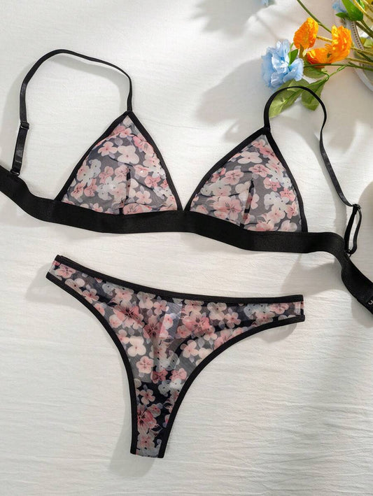2pcs/Set Floral See-Through Wireless Bra & Crotchless Panties Lingerie Set
