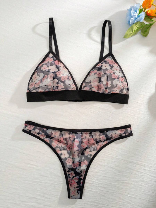 2pcs/Set Floral See-Through Wireless Bra & Crotchless Panties Lingerie Set