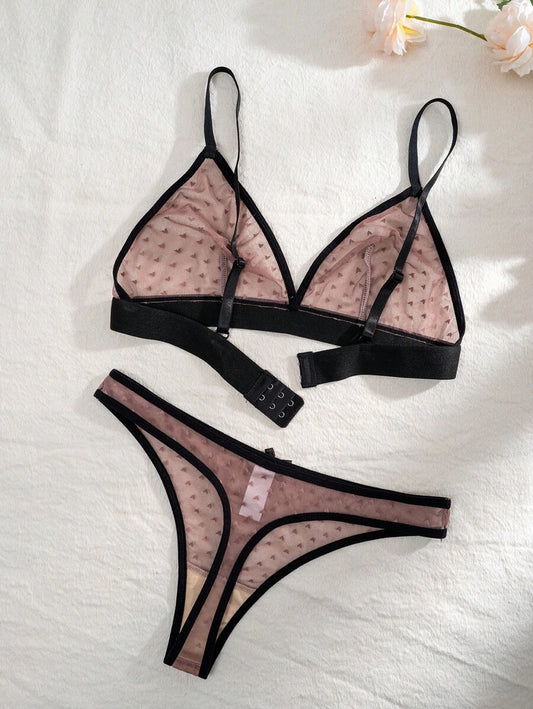 Colorblock Heart Mesh Lingerie Set With Lace Trim, Bra & Panty Set