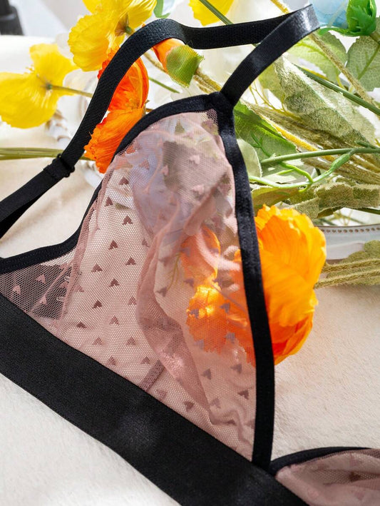 Colorblock Heart Mesh Lingerie Set With Lace Trim, Bra & Panty Set